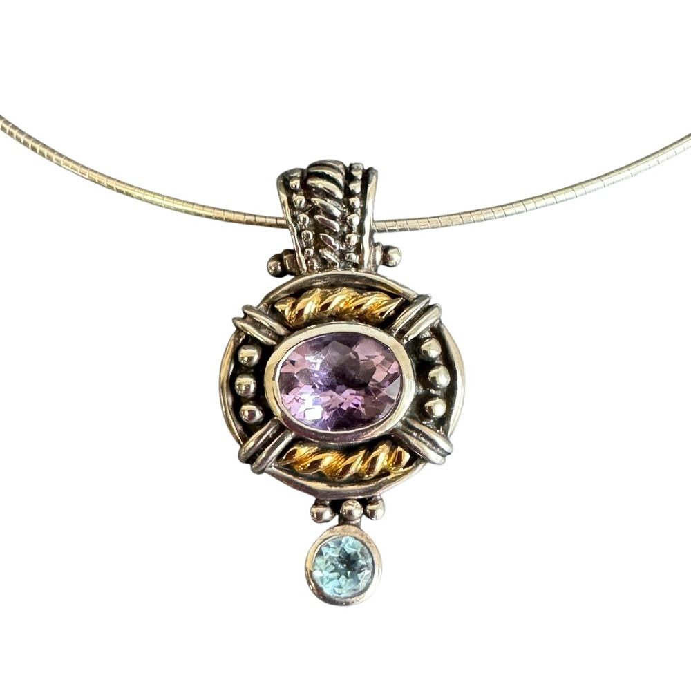 Samuel Benham 14K Gold Sterling Silver Amethyst Necklace BJC Blue Topaz Enhancer